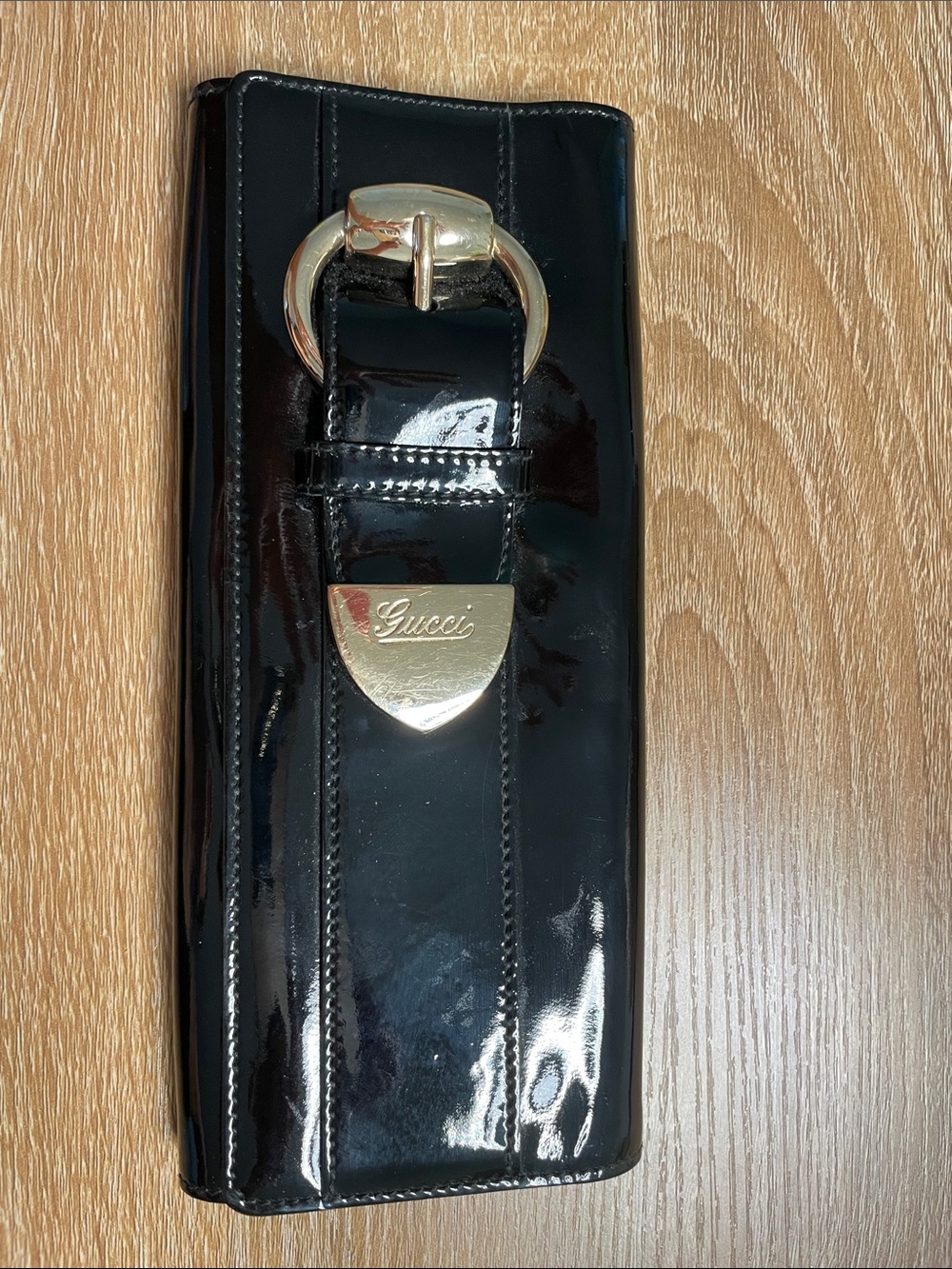 Gucci Black Patent Leather wallet clutch with Gold Buckle  / Vintage